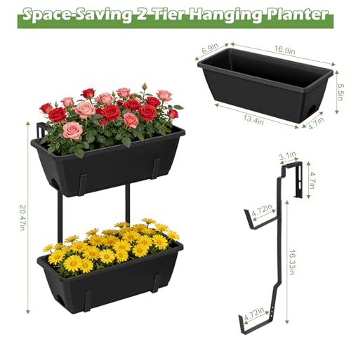 Railing Planter Boxes 2 Pack Window Boxes Planters with 2-Tier Adjustable Brackets, 17'’ Deck Railing Planter Boxes Vertical Balcony Hanging Flower Pots for Fence Rail Porch Garden Decor - color: Black