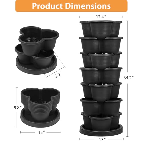 VECELO 7 Tier Vertical Garden Planter, Self Watering Stackable Planters with Wheels for Strawberries, Herbs, Flowers, Vegetables, Black - color: Black, size: 7 Tier