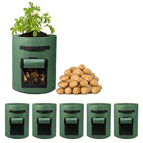 Delxo 5 Pack 7 Gallon Potato Growing Bags, Planter Garden Grow Bags with Flap, Double Layer Breathable Nonwoven Cloth for Planting,Vegetable,Tomato,Aeration Fabric Pots with Handles Green - size: 7 Gallon