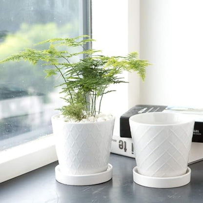 BUYMAX 5in Ceramic Flower Pots Set of 4 Plant Pot with Drainage Hole - color: White