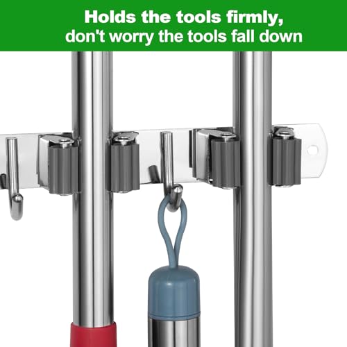 voze 3 Racks and 4 Hooks Mop and Broom Holder Wall Mount, Self Adhesive Heavy Duty Broom Organizer Storage Tool Racks for Kitchen Garden Laundry Garage - color: Silver, size: 3 Racks 4 Hooks