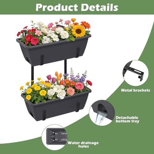 Railing Planter Box 2 Pack Rectangular Window Boxes Planters with Double Adjustable Brackets, Balcony Deck Railing Hanging Planters Herb Flower Pots for Indoor Outdoor Plants Garden Fence Rail - color: Gray