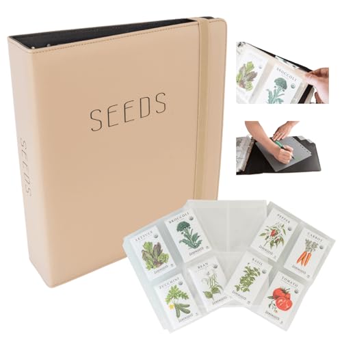 Seed Storage Binder – Garden Seed Organizer with 50 Sheet Protectors, 5 Dividers & Flap-Top Inserts - Stores 200 Seed Packets - Seed Saver Binder for Gardeners