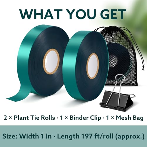 Plant Tie Tape, 1 in x 197 ft Stretchable Green Garden Tape for Plants, Soft Non-Adhesive PVC Plant Ties for Tomatoes, Grapes, Vines, Trees, Branches & Climbing Plants, 2 Rolls - size: 394 ft