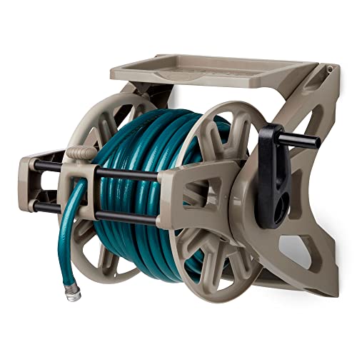 Suncast Slide Trak Garden Hose Reel, Wall-Mount Holder with Storage Tray, Dark Taupe - Outdoor Mounted Organizer for 175 Ft of 5/8" Standard Vinyl Water Hoses in Lawn and Yard