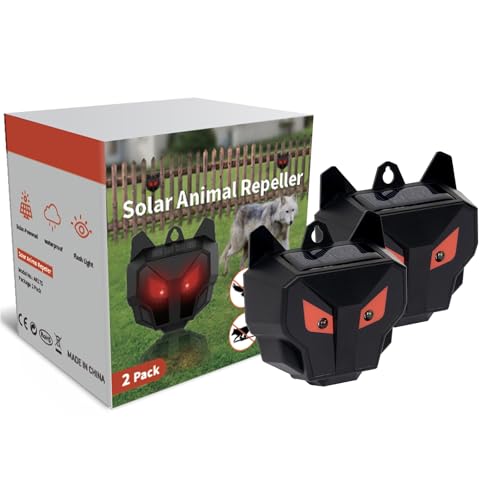 PESTEZE USA 2 Pack Solar Nocturnal Animal Repeller– Flickering Red Light Deters Deer, Coyote, Fox, Skunk, Raccoon, Rabbit & Birds; Reusable Predator-Eye Deterrent for Yards, Gardens & Livestock Safety