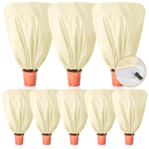 8 Pcs Plant Covers Frost Protection Bag 47"X31.5" Winter Reusable Plants Jacket with Drawstring Shrub Protection Wraps Bags Frost Blanket for Winter Outdoor Garden Plants - color: Beige, size: 47 x 31.5 Inch