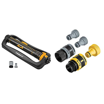 XT Turbo Oscillating Sprinkler & Melnor 65134AMZ 5 Piece Quick Connect Starter Set Connector Bundle, Yellow, Black, Grey