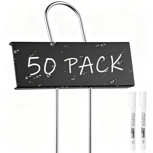 50 Pack Metal Plant Labels with 2 Pens - 10.6" Weatherproof Garden Markers, Reusable Nursery Tags for Vegetables Herbs Flowers Seedlings, Black - color: Black-50