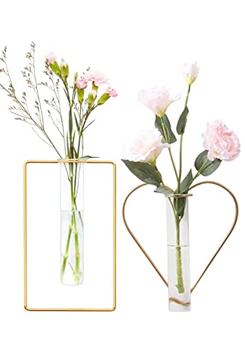 2 Pack IvyMei Luxurious Nordic Gold Wall Vase Metal Frame Glass Tube - color: Gold 2