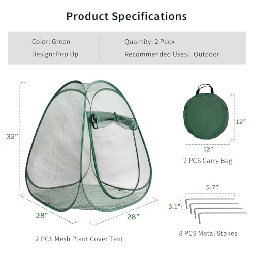 2PCS Large Netting Tent for Garden Protection Mesh Plant Cover from Animals - color: Green 2pcs