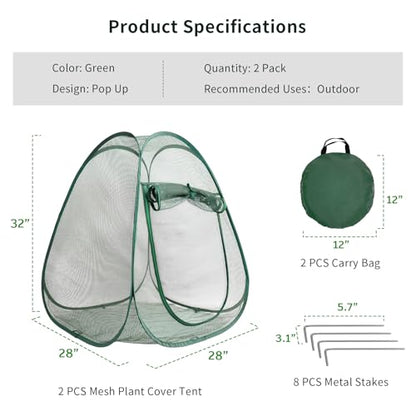 2PCS Large Netting Tent for Garden Protection Mesh Plant Cover from Animals - color: Green 2pcs