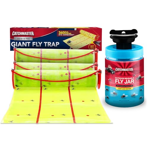 Catchmaster Outdoor Fly Trap Bundle, Giant Fly Glue Trap 3-Pack & Outdoor Fly Jar, for Garage, Backyard, Pool, Patio & Camping