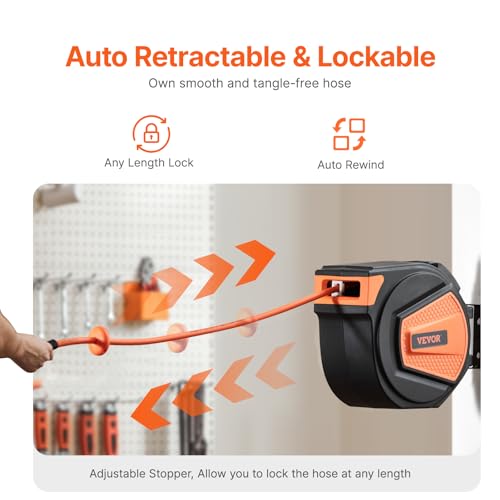VEVOR Retractable Air Hose Reel, 3/8IN x 65FT Hybrid Air Hose Max 300PSI, Air Compressor Hose Reel Auto-Rewind with 6.6 FT Lead in, Ceiling/Wall Mount Enclosed PP Reel & Built-in 180° Swivel Bracket - size: 3/8IN x 65FT