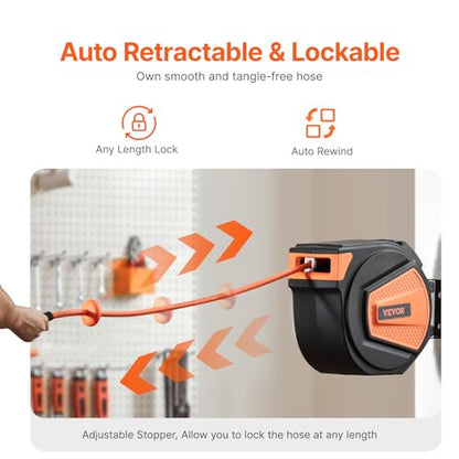 VEVOR Retractable Air Hose Reel, 3/8IN x 65FT Hybrid Air Hose Max 300PSI, Air Compressor Hose Reel Auto-Rewind with 6.6 FT Lead in, Ceiling/Wall Mount Enclosed PP Reel & Built-in 180° Swivel Bracket - size: 3/8IN x 65FT
