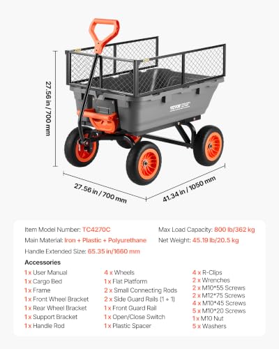 VEVOR 800LBS 7 CU.FT Poly Garden Cart Dump Wagon, Heavy Duty 4 Wheel Wheelbarrow with 10" Flat Free Tires, Yard Cart Dump Wagon with Removable Raised Sides and Quick-Release System - color: Grey01