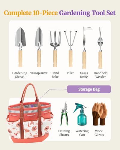10Pcs Garden Tool Set, Rust-Proof Stainless Steel, Ash Wood Handles, Pink - color: Pink