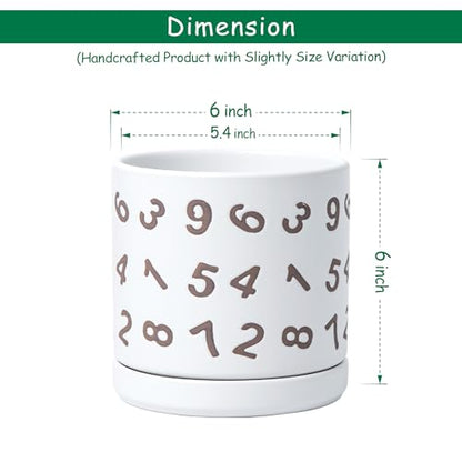 D'vine Dev Set of 2 Ceramic Planter Pots with Drainage Hole and Saucer, 6 Inch Plant Pots for Plants Indoor Houseplants, White, 99-Z-B-1-Y - size: 6", style: Numbers White