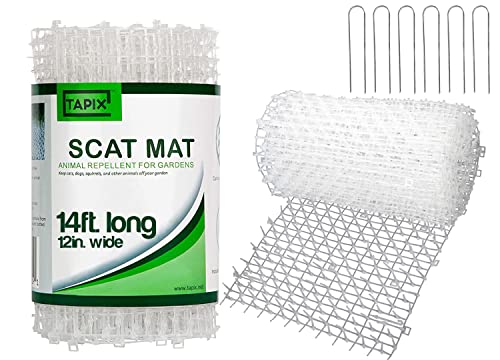 Cat Scat Mat Clear (14 ft.) with 10 Staples, Anti-cat Network with Spikes Digging Stopper - Cat Deterrent Mat for Indoor and Outdoor - size: 14 ft x 12 in
