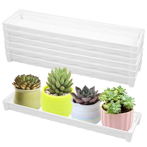 6 PCS Plastic Plant Tray Saucer, Rectangular Window Sill Plant Tray for Indoors Outdoor Flower Pots for Window Shelf, Clear Thick Plastic Plant Trays for Succulent Pot Planter, Square Plant Saucers - color: White