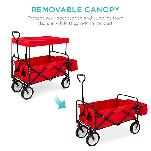 Best Choice Products Collapsible Folding Outdoor Utility Wagon with Canopy Garden Cart for Beach, Picnic, Camping, Tailgates w/Removable Canopy, Detachable Pockets, 150lb Weight Capacity - Red - color: Red