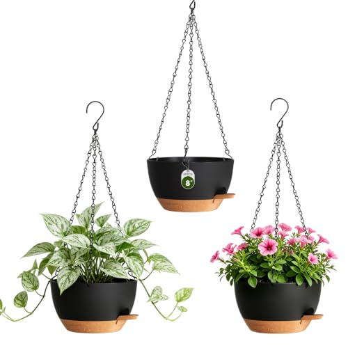 8 Inch Self Watering Hanging Planters Set of 3 with Saucers - color: Black Brown, size: 8 Inch 3 Pack
