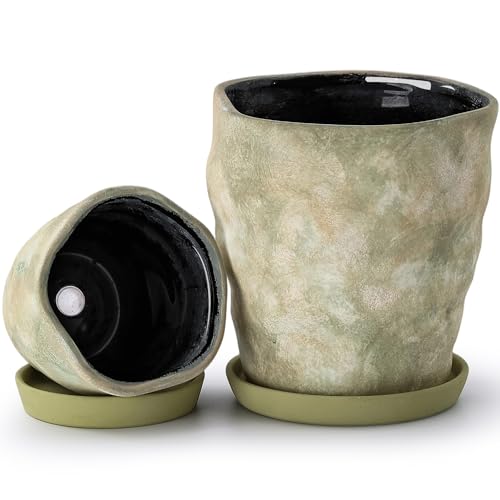 4+6 Inch Ceramic Planter Set of 2 with Drainage Hole,Saucer for Plants, Indoor-Outdoor Large Round Succulent Orchid Flower Pot- Cement Paint, Inner-pots not Larger Than 5 Inch Light Green - color: Light Green, size: 4inch+6inch-Set of 2
