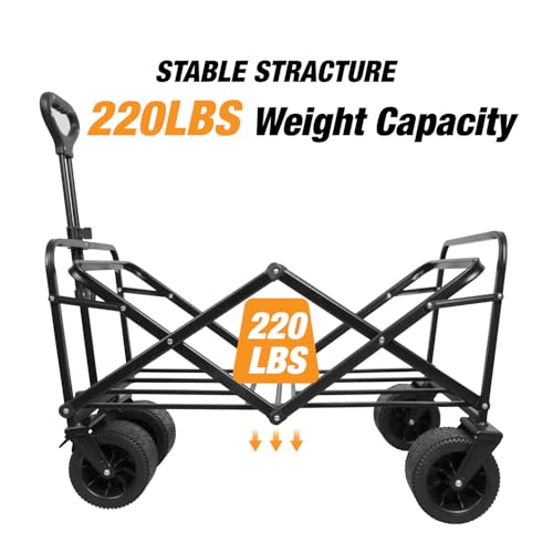 Heavy Duty Collapsible Folding Wagon Cart, All-Terrain Wheels with Dual Brakes, 220LBS Capacity Utility Wagon for Beach, Garden, Grocery, Sports & Outdoor – Black