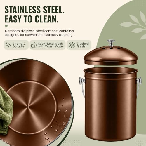 Epica Kitchen Compost Bin for Kitchen Countertops, 1.3 Galllon - Copper - color: Copper