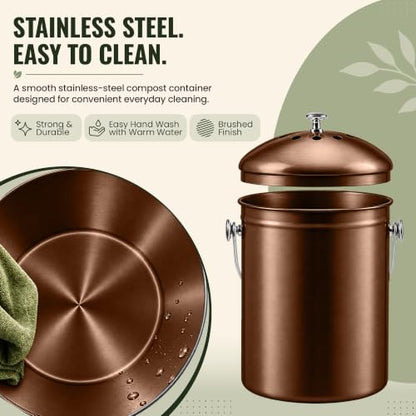 Epica Kitchen Compost Bin for Kitchen Countertops, 1.3 Galllon - Copper - color: Copper