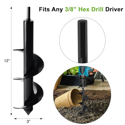 Auger Drill Bit for Planting 3 x 12 Inch, Garden Spiral Drill Bit Bulb Planter Tool Drill Auger for Planting Bulb, Bedding Plant, Post or Umbrella Hole Digger for 3/8" Hex Drive - size: 3" x 12"-Black