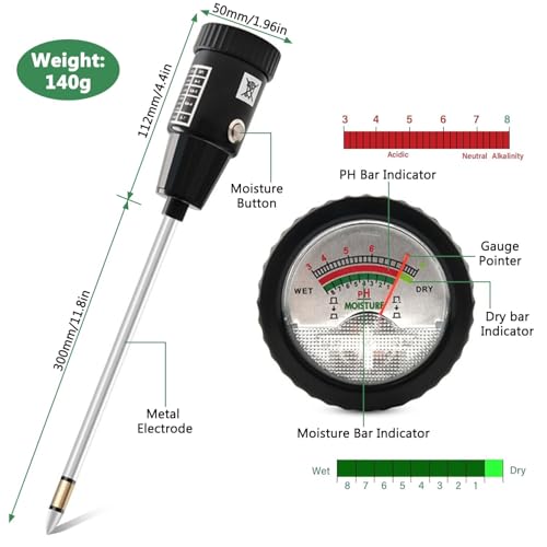 2 in 1 Soil PH Meter Soil Moisture Sensor Meter Soil PH Tester Soil Test Kit Gardening Tool for Indoor Outdoor Plant Garden Lawn Farm Waterproof Metal Electrode 295mm Long