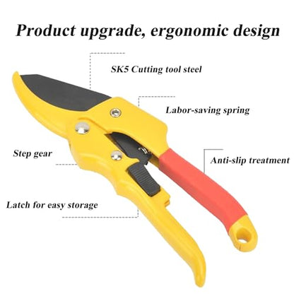 Premium 8 inch garden clippers, 3 Times Easy to Work, Arthritis Weak Hand Snips (Pulley lever -pruners- Yellow) - color: Red/Yellow