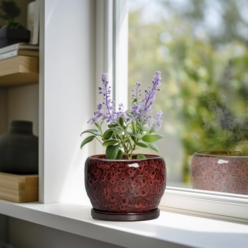 SQOWL Ceramic Pot for Plants - 6 Inch Plant Pot Indoor with Drainage Hole and Saucer, Decorative Flower Pot Outdoor, Round Succulent Planter, Front Porch Decor, House Warming Gifts New Home, Red - color: Leopard Red, size: 6 Inch