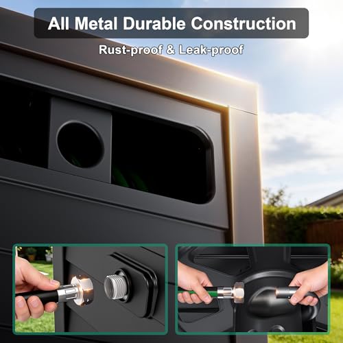 Metal Garden Hose Reel Box, Heavy Duty 150Ft 5/8" Large Capacity Hose Storage Deck Box with Hose Guide, 6Ft Leader Hose, Leak-Proof Aluminum Water Connection, Manual Crank Handle (Dark Brown)