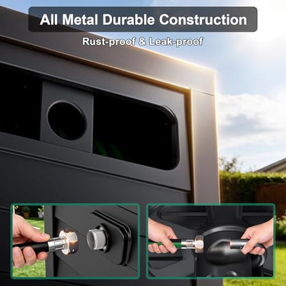 Metal Garden Hose Reel Box, Heavy Duty 150Ft 5/8" Large Capacity Hose Storage Deck Box with Hose Guide, 6Ft Leader Hose, Leak-Proof Aluminum Water Connection, Manual Crank Handle (Dark Brown)