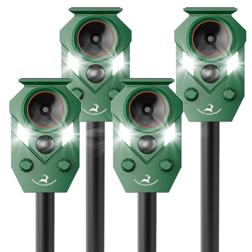 4 Packs Solar-Powered Ultrasonic Animal Repellent, Waterproof Cat Deterrent with LED Flashing Lights and Motion Sensor for Outdoor Yard, Effective to Repel Cats, Coyotes, Raccoons, and Deer