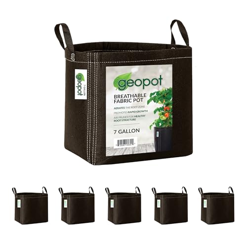 GeoPot 7 Gallon Fabric Grow Bags with Handles - 5-Pack - Black - Indoor/Outdoor - Aerated Fabric Pots for Vegetables, Herbs, Flowers & Houseplants - size: 7 Gallon (5-Pack), style: With Handles