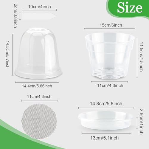 BTPLASTIK 6 Inch Clear Nursery Pots with Humidity Domes 15 Pack, Transparent Plastic Plant Pot with Drainage Holes and Saucers, Seed Starter Pots with 15 Pcs Plant Labels and 15 Pcs Soil Screens - size: 6 Inch-15P-with Humidity Domes