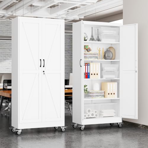 erosoe 71" H Metal Garage Storage Cabinet, Rolling Tool Cabinet with 2 Doors and Wheels, Locker Steel Cabinet with 4 Adjustable Shelves, Organization Cabinet for Garage,Office,Home,Gym,School-White - color: White, size: 71" CasLck-M