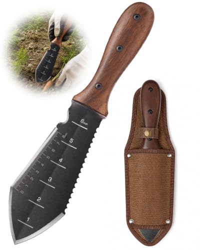 Grenebo Hori Hori Garden Knife, 4mm Thick Extra-Wide Blade Garden Tool - color: Brown