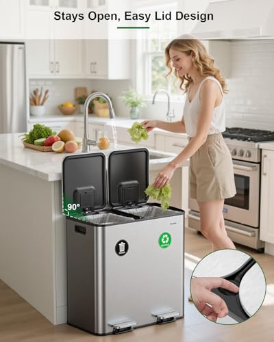 Lovewind 2×11.5 Gallon Dual Trash Can, Stainless Steel Dual Garbage and Recycling Can with Foot Pedal, 90° Stay-Open Lid, Pet-Proof Design – Large Dual Compartment Trash Recycling Bins Kitchen, Silver - color: Silver, size: 23 Gallon