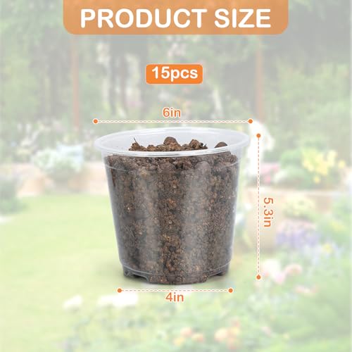 15 Pack Clear Nursery Pots with Drainage Holes, 6 Inch Seed Starting Plastic Plant Pots, Transparent Variety Pack Flexible Garden Pot for Outdoor Indoor (Clear, 6 Inch) - size: 6 Inch