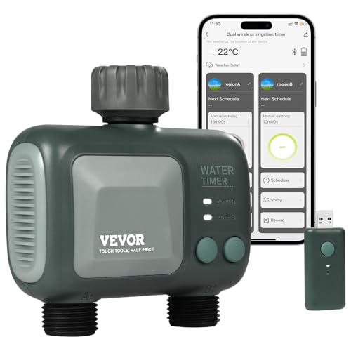 VEVOR Sprinkler Timer WiFi Water Timer, 2 Outlets, Smart Hose Faucet Water Timer with Brass Inlet, APP Remote Control via 2.4Ghz WiFi or Bluetooth, Voice Control, IPX6 for Garden, Yard Watering - style: 2 Outlet with WiFi/Bluetooth.