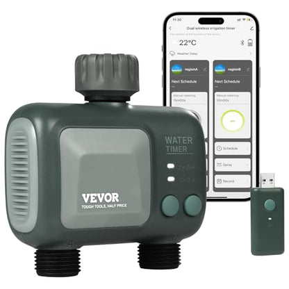 VEVOR Sprinkler Timer WiFi Water Timer, 2 Outlets, Smart Hose Faucet Water Timer with Brass Inlet, APP Remote Control via 2.4Ghz WiFi or Bluetooth, Voice Control, IPX6 for Garden, Yard Watering - style: 2 Outlet with WiFi/Bluetooth.