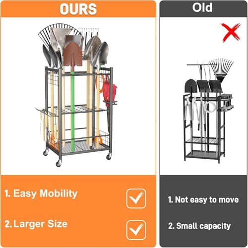 TORACK Garden Tool Stand with Wheels, Rakes Shovels Holder Yard Tools Organizer for Garage, Garden, Shed Indoor/Outdoor Long-Handled Tools Cart(Tool stand) - style: Tool stand