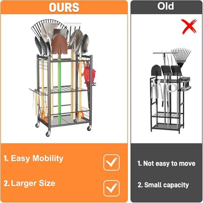 TORACK Garden Tool Stand with Wheels, Rakes Shovels Holder Yard Tools Organizer for Garage, Garden, Shed Indoor/Outdoor Long-Handled Tools Cart(Tool stand) - style: Tool stand