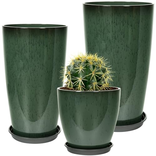 Neoaider Set of 3 Tall Planter, 24/21/12in Large Plastic Planter, DarkGreen - color: Dark Green