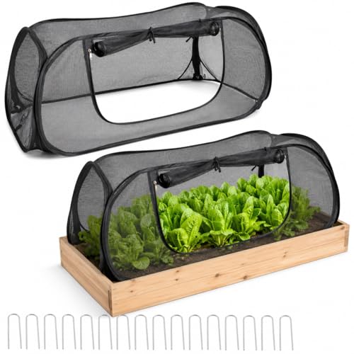 2PCS Pop Up Mesh Plant Covers for Raised Beds, Foldable Garden Bed Shade Cover（45 x 22 x 18 in）- 50% Sunblock Mesh Cover with Zipper Door & 16 Stakes for Vegetables Seedlings Herbs（Black）