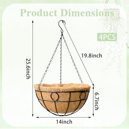EIMQUVW Outdoor Hanging Planter(4-Pack) Black Metal Hanging Baskets with Coconut Fiber Lining 14 inch Round Chain Flower Pots for Patio Garden Greenery Decoration - size: 14 Inch, style: Circular